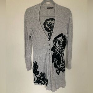 Nic + Zoe Cardigan Gray Black Floral XL Button Up Linen Blend